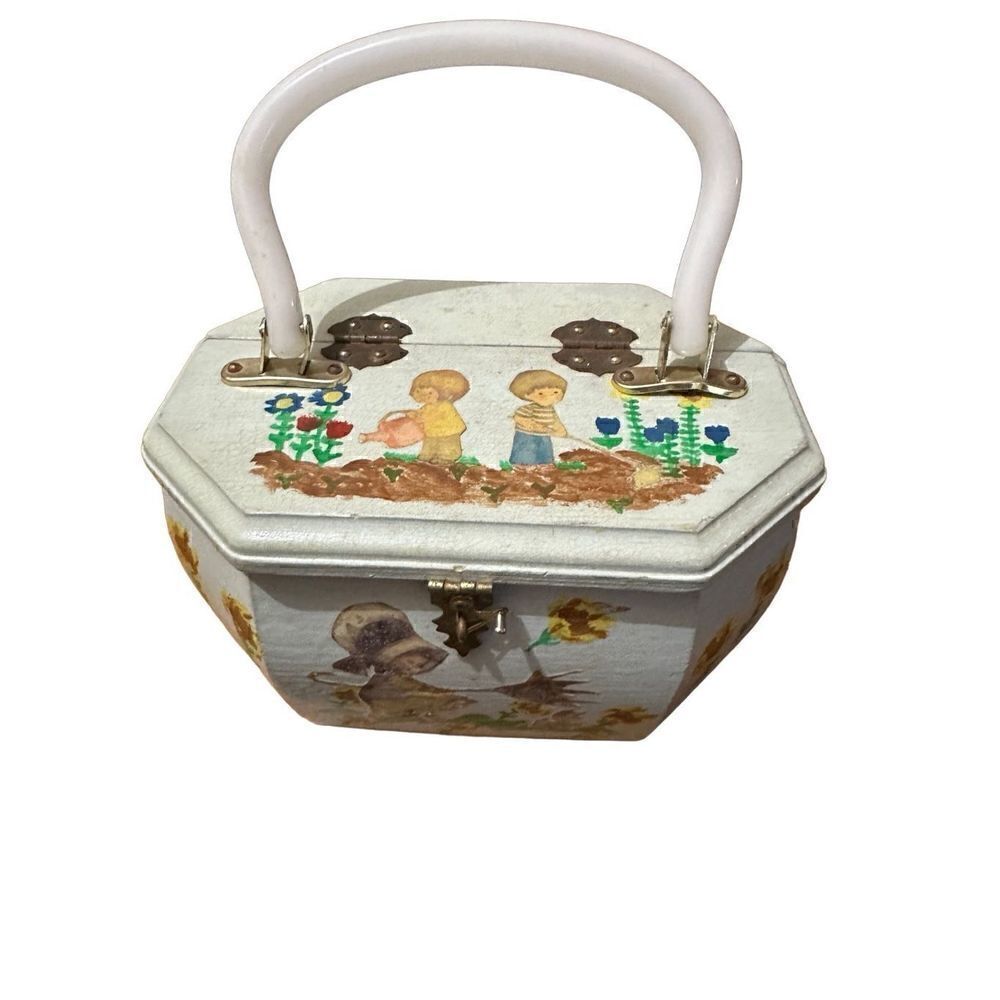Vintage Hand painted Wood Rectangular Decoupage Handbag Purse Children Floral - Picture 5 of 16